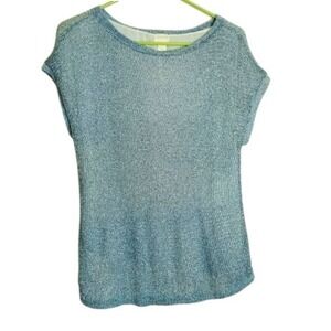 Chico's Metallic Knit Top Sleeveless Blouse Sparkle Lined Blue Crossover‎ Back 1